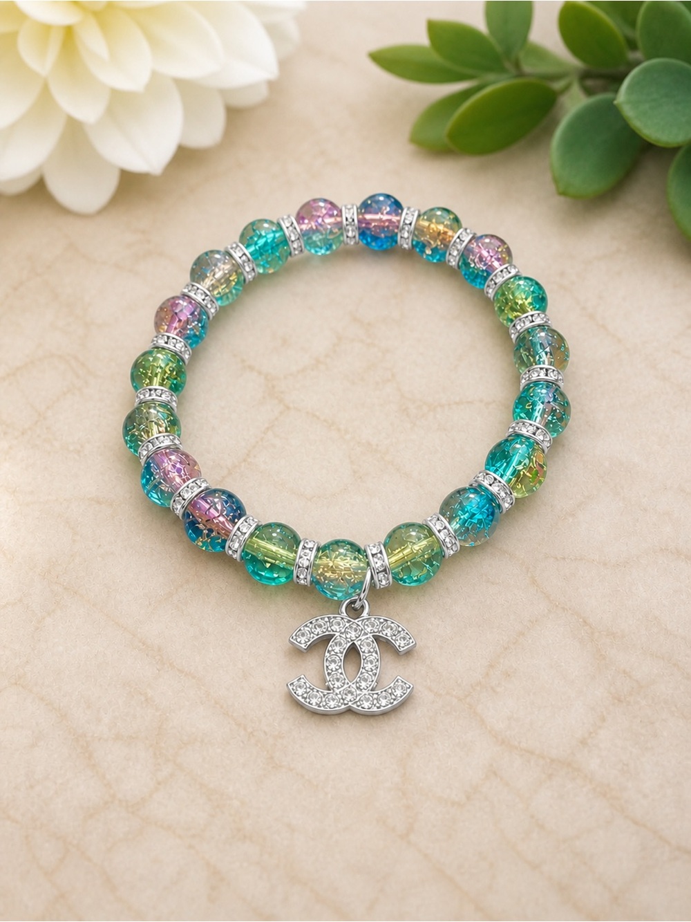 Handmade Crystal Multicolor Bead Bracelet with CC Logo Charm